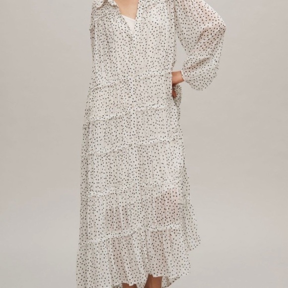 Anthropologie Long-Sleeve Smocked Tiered Maxi Dress Polka Dot Relax - Picture 1 of 6